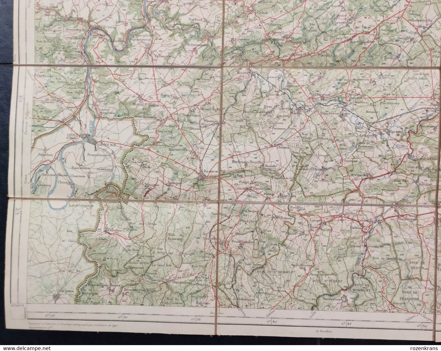 Carte topographique toilée militaire STAFKAART 1907 Dinant Hastiere Givet St Hubert Ciney Nassogne Han s Lesse Rochefort