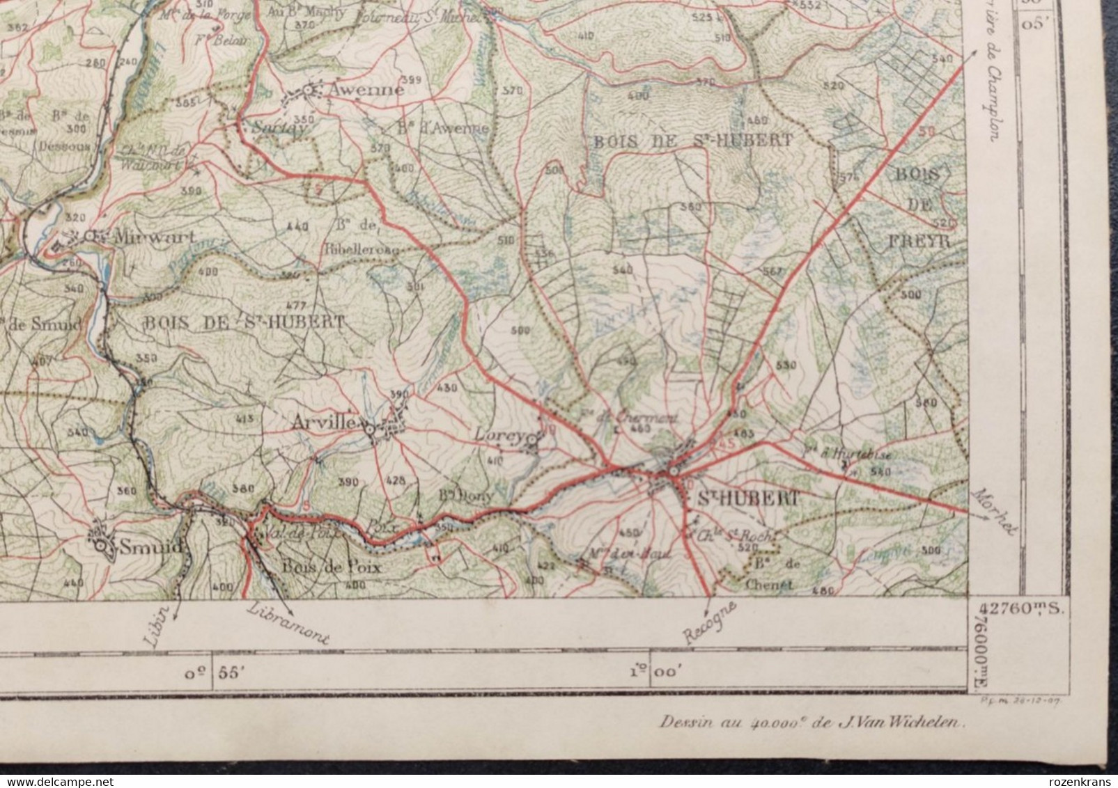 Carte topographique toilée militaire STAFKAART 1907 Dinant Hastiere Givet St Hubert Ciney Nassogne Han s Lesse Rochefort