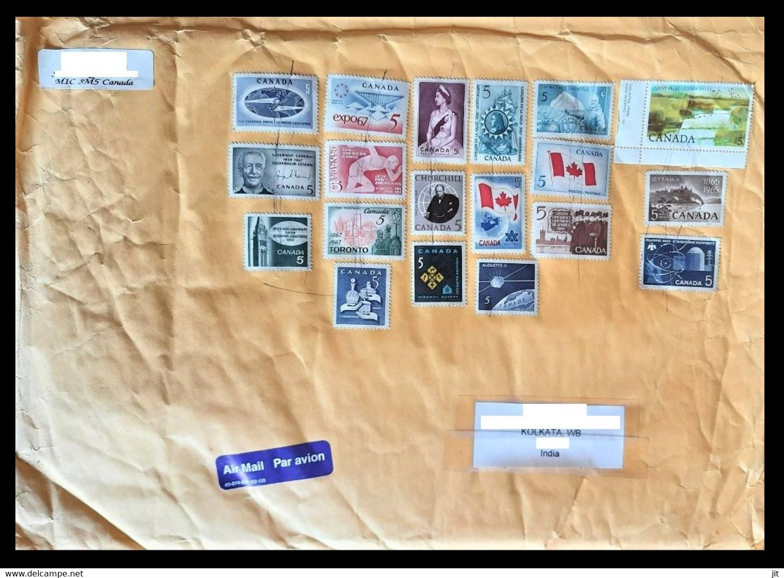 159.CANADA USED AIRMAIL BUBBLE COVER WITH 19 DIFFERENT STAMP WITH PEN THROUGH MARKS . - Covers & Documents