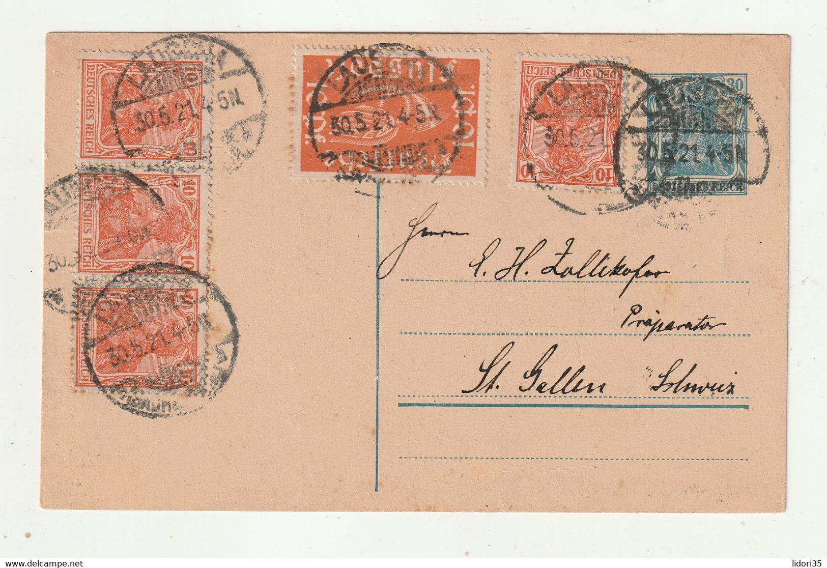 [1263A] Deutsches Reich - 1921 - Postkarte "Germania" Mit Zusatzfrankatur Ex "LAUSCHA" - Andere & Zonder Classificatie