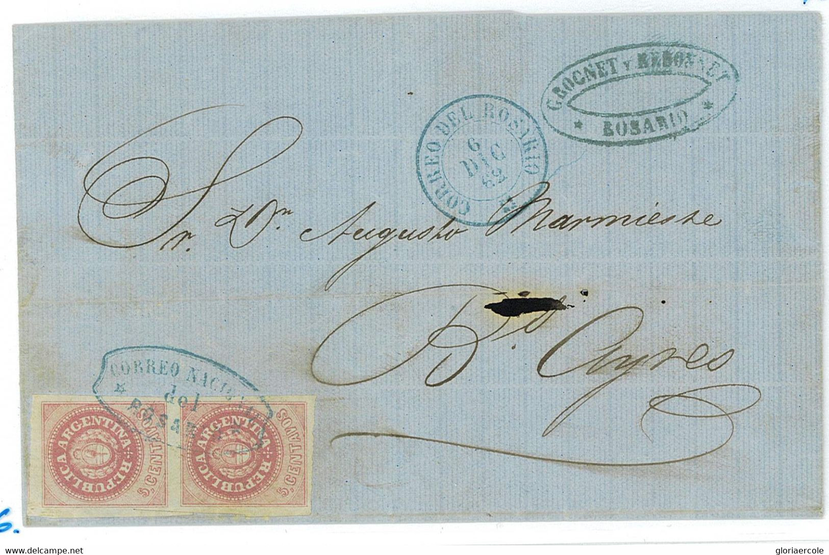 BK1759 - ARGENTINA - POSTAL HISTORY - Jalil # 10 Pair On Cover From ROSARIO 1862 - Autres & Non Classés