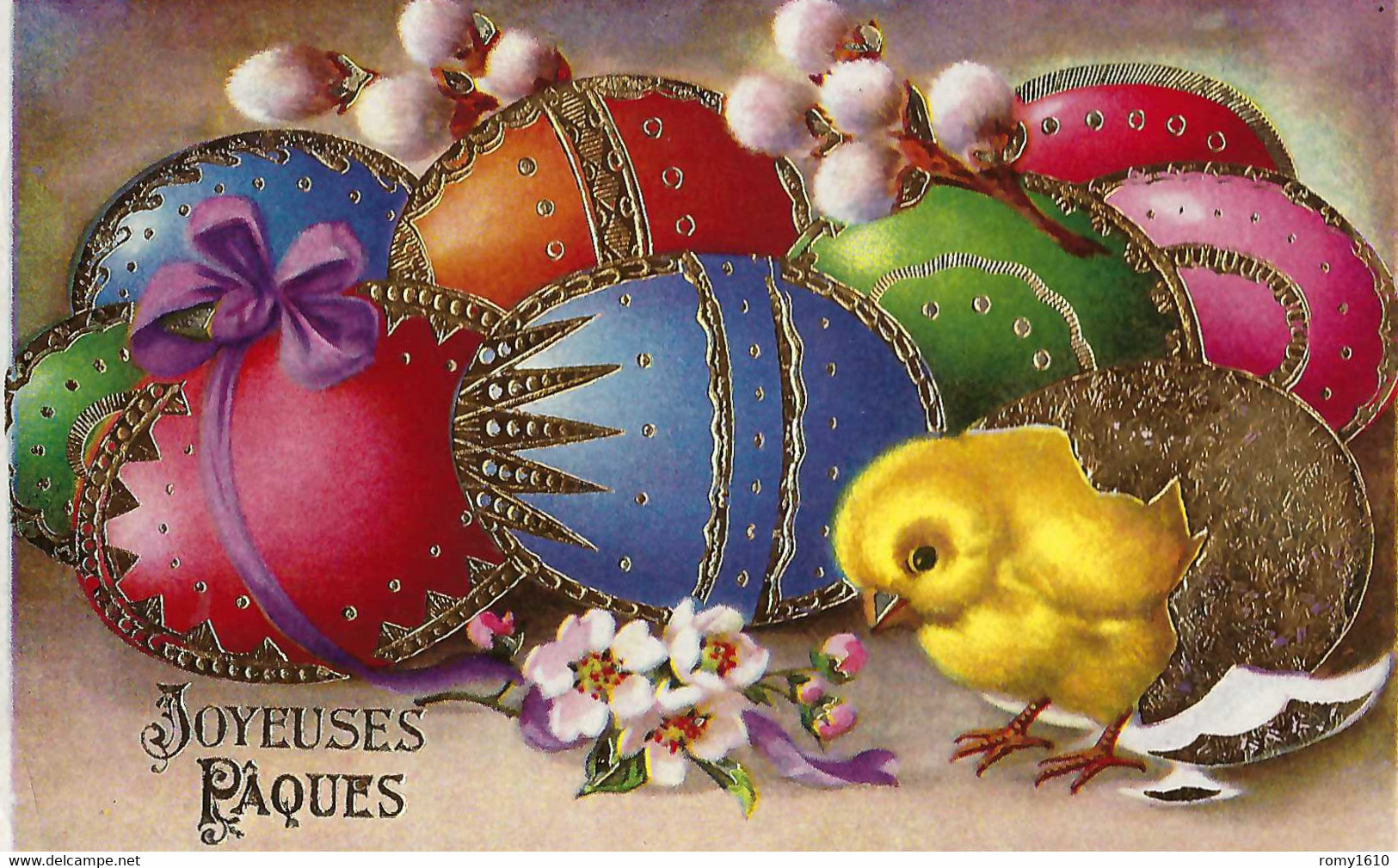 Joyeuses Pâques. Carte En Relief - Oeufs, Fleurs, Poussin, Gel Et Dorures.... 2 Scans. - Pasqua