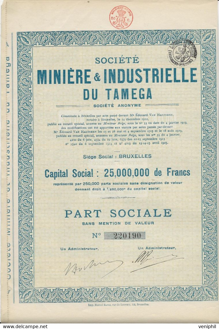 SOCIETE MINIERE ET INDUSTRIELLE DU TAMEGA (PORTUGAL) PART SOCIALE - ANNEE 1925 - Mines