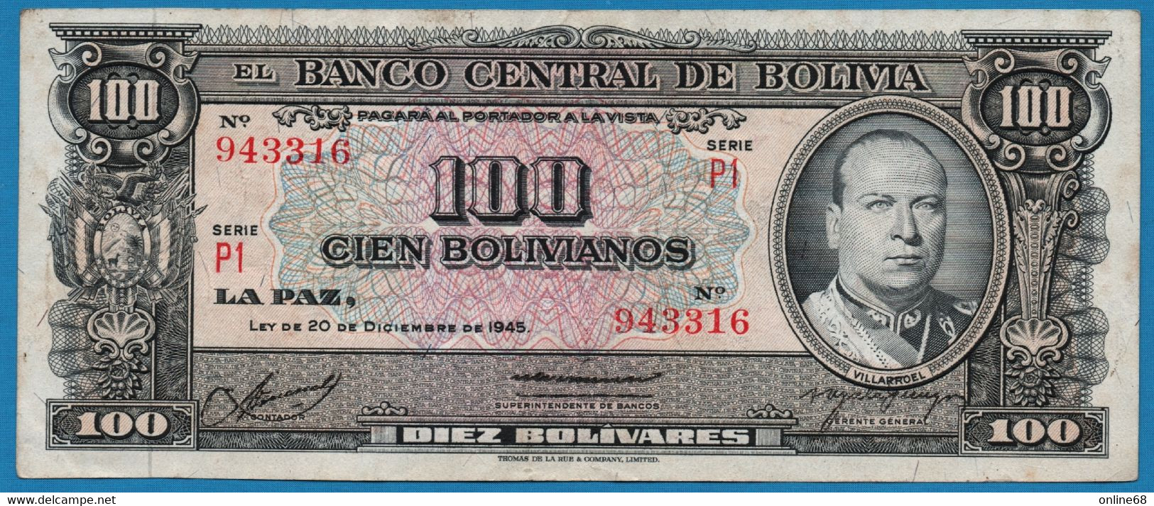 BOLIVIA 100 Bolivianos   	 	   	  L. 20.12.1945  # P1 943316  P# 147 Mayor Gualberto Villaroel - Bolivie