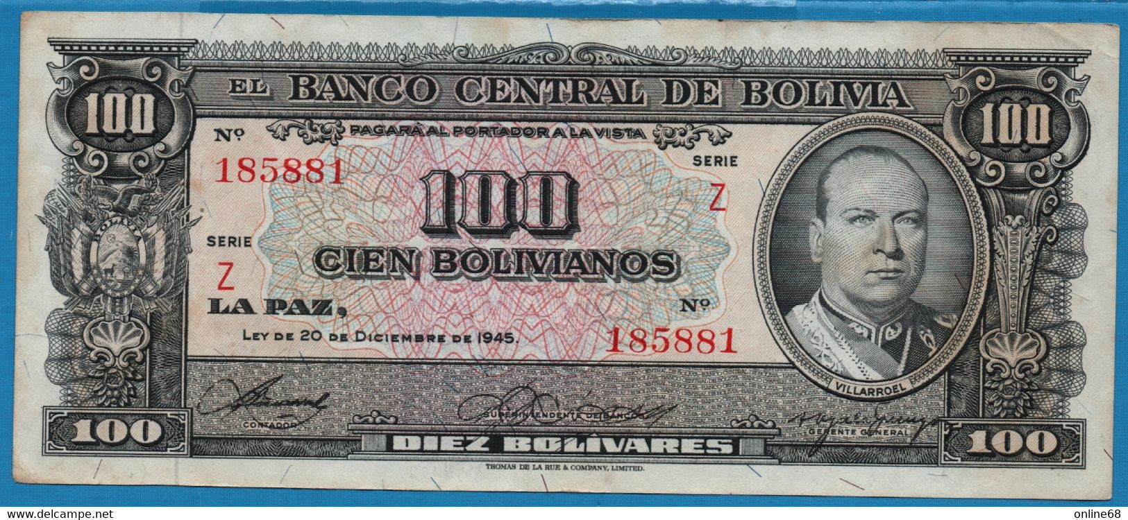 BOLIVIA 100 Bolivianos   	 	   	  L. 20.12.1945  # Z 185881  P# 147 Mayor Gualberto Villaroel - Bolivie