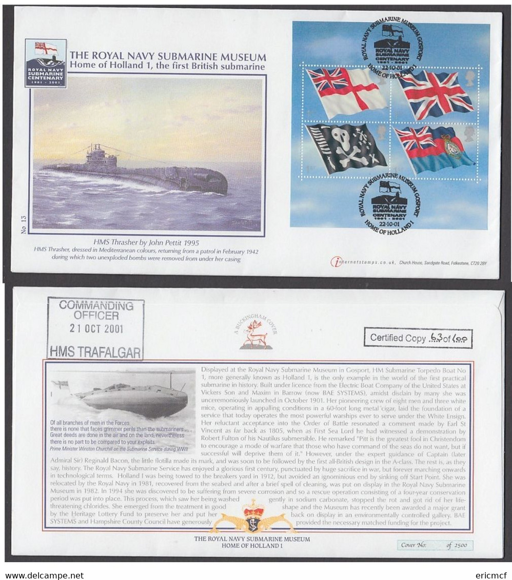 GB 2001 Flags Ensigns M/S FDC Gosport Submarine HMS Trafalgar Buckingham - 2001-2010 Em. Décimales