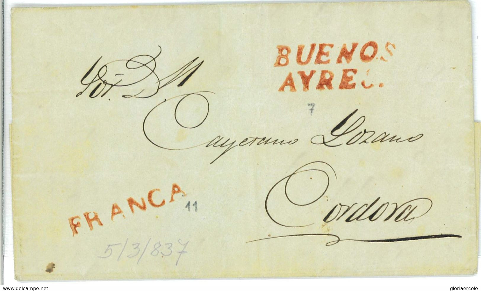 BK1765 - ARGENTINA - POSTAL HISTORY - PREPHILATELIC  Cover: BA To CORDOBA  1837 - Voorfilatelie