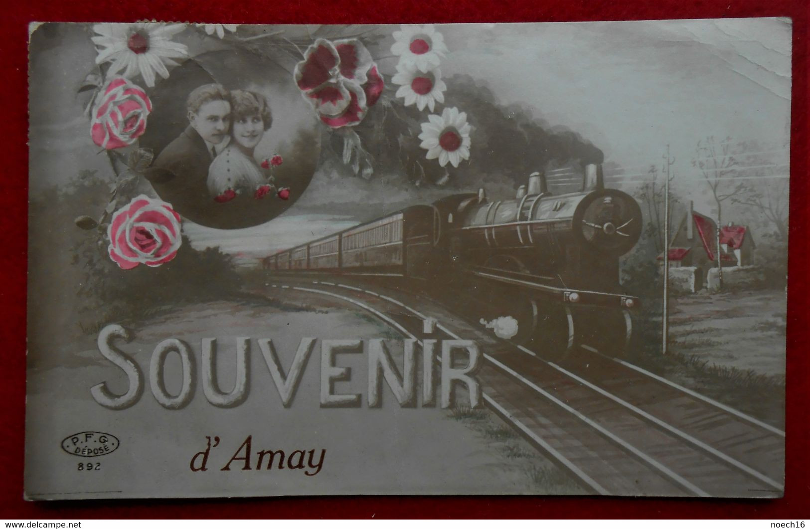 CPA Fantaisie 1921 - Souvenir D'Amay - Couple, Fleurs, Train - Amay