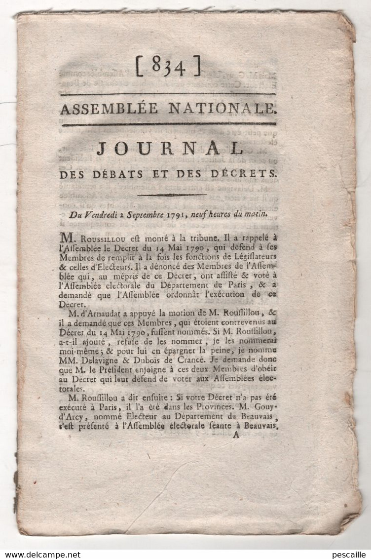 REVOLUTION FRANCAISE ASSEMBLEE NATIONALE - JOURNAL DES DEBATS 02 09 1791 - GARDES FORESTIERS / INSPECTEURS ... - Newspapers - Before 1800