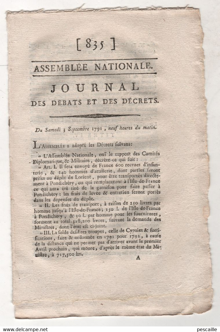 REVOLUTION FRANCAISE - JOURNAL DES DEBATS 03 09 1791 - MILITAIRES PONDICHERY ILE DE FRANCE  ( MAURICE ) - BOIS & FORETS - Newspapers - Before 1800