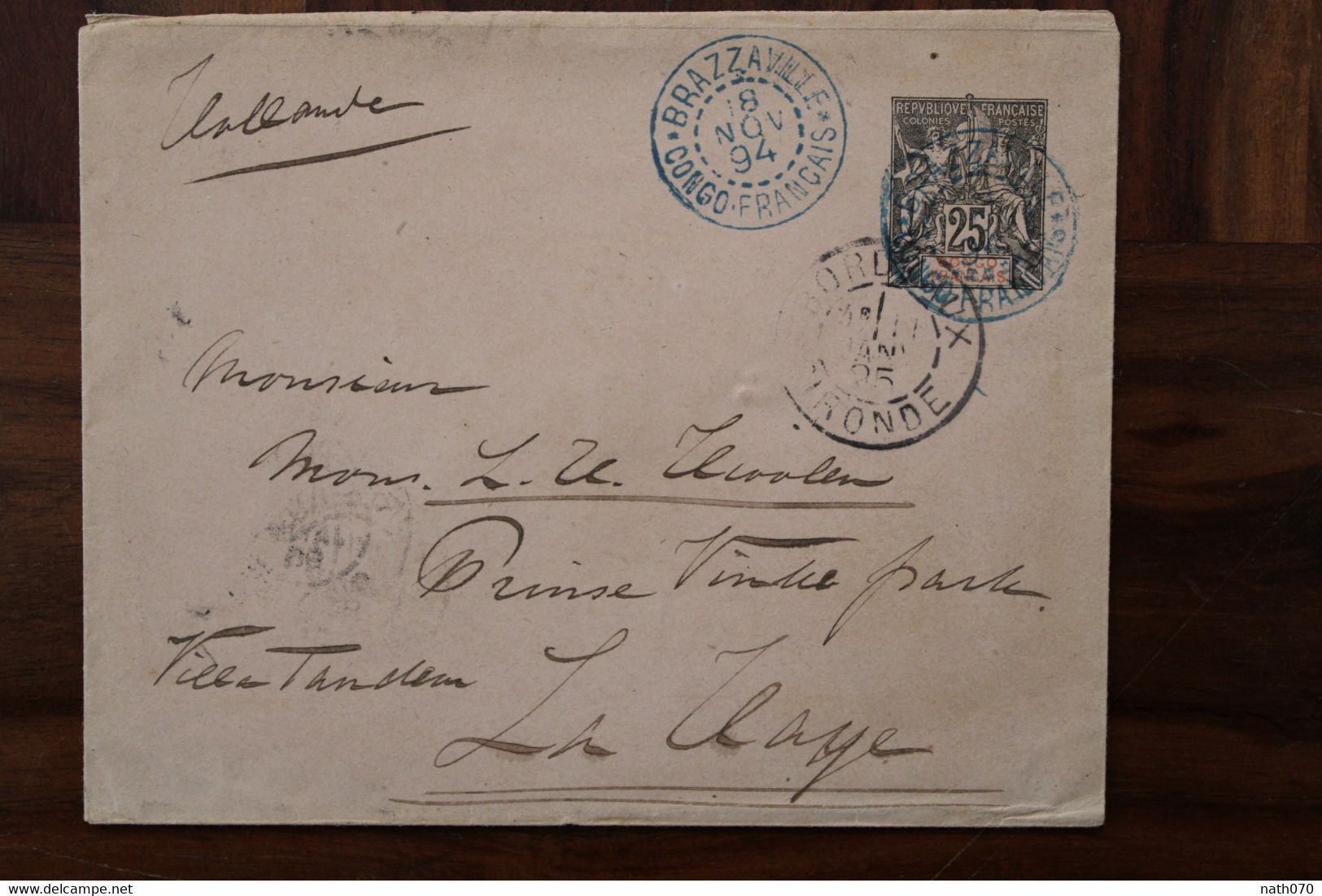 Congo Français 1894 Loango Brazzaville France Cover Entier Colonie French Congo La Haye Hollande Voir Cad Au Dos - Lettres & Documents