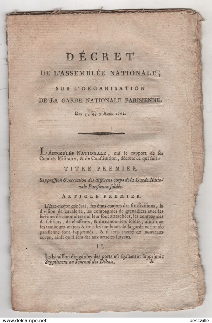 REVOLUTION FRANCAISE - DECRET ASSEMBLEE NATIONALE AOUT 1791 - ORGANISATION DE LA GARDE NATIONALE PARISIENNE - - Wetten & Decreten