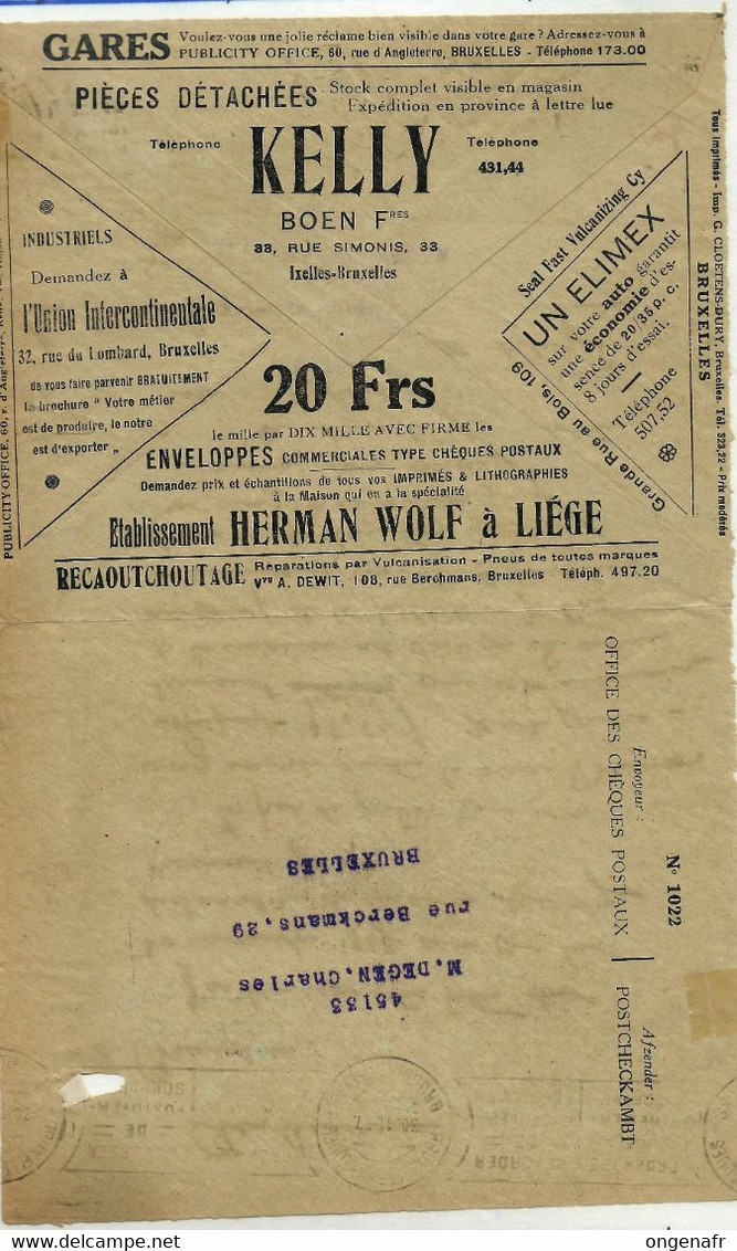 Env. Chèques Postaux: Automobile - Cars - Pneus - Caoutchouc - Pièces Détachés - Obl. 30/11/27 - Franchise