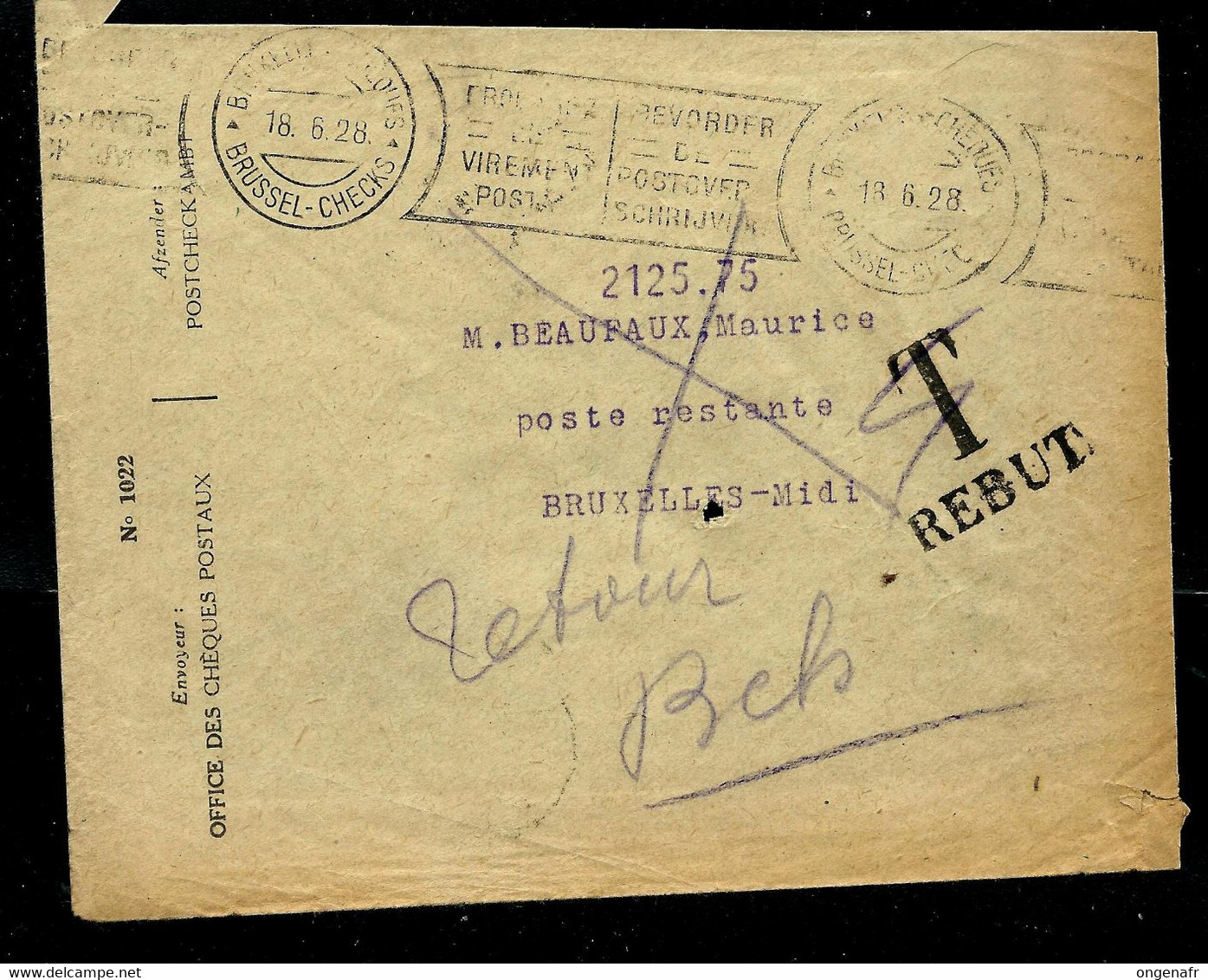 Env. Chèques Postaux: Floralies Gantoises  1928  Vers Le REBUT  18/06/28 - Zonder Portkosten