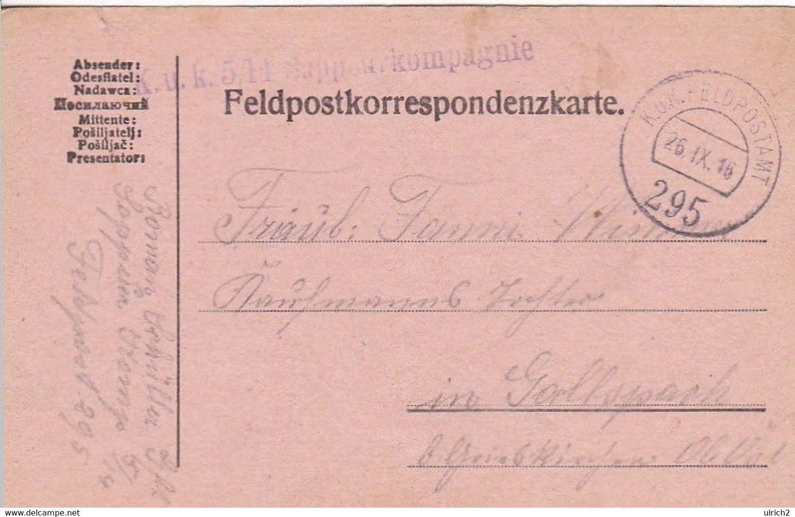 Feldpostkarte - K.u.k. 5/14 Sappeurkompagnie  - Nach Gallspach - 1916 (55471) - Covers & Documents