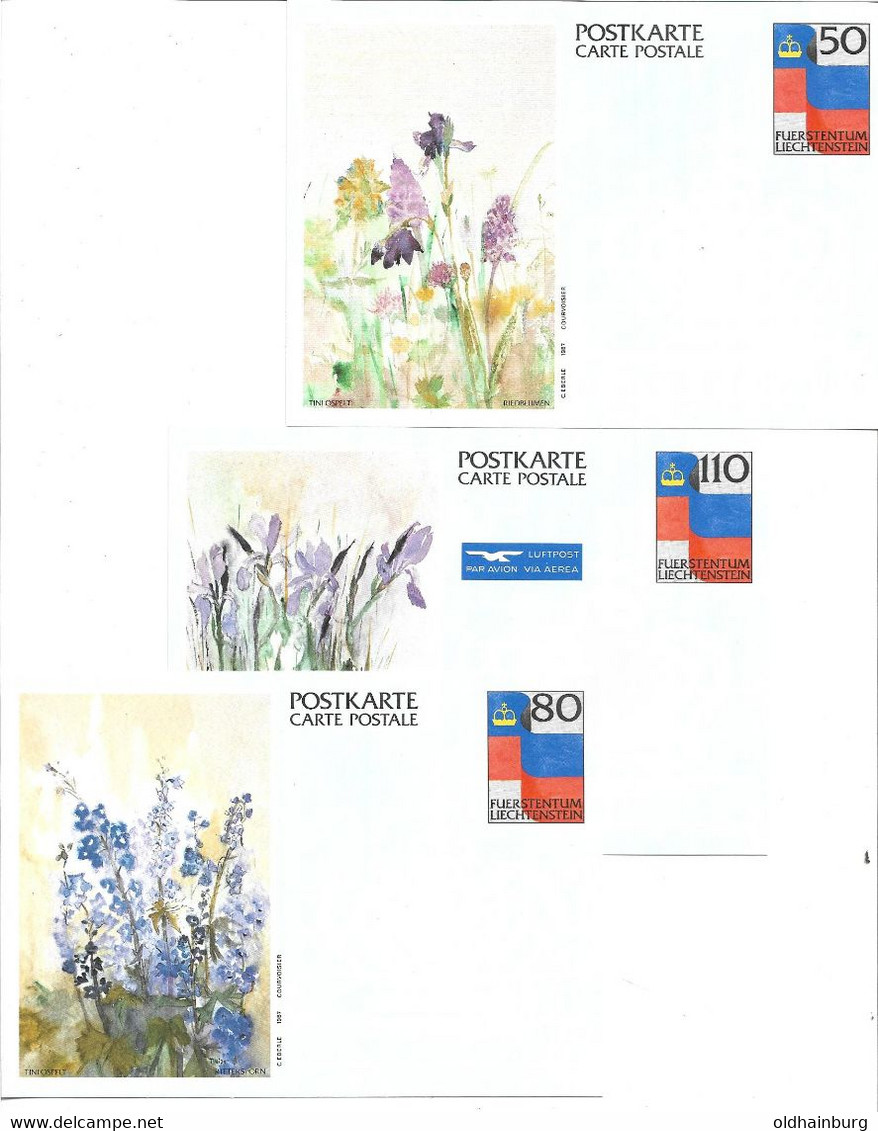 1752x: Liechtenstein- Ganzsachen 1987 *, Riedblumen, Rittersporn Und Schwertlilie - Plantes Toxiques