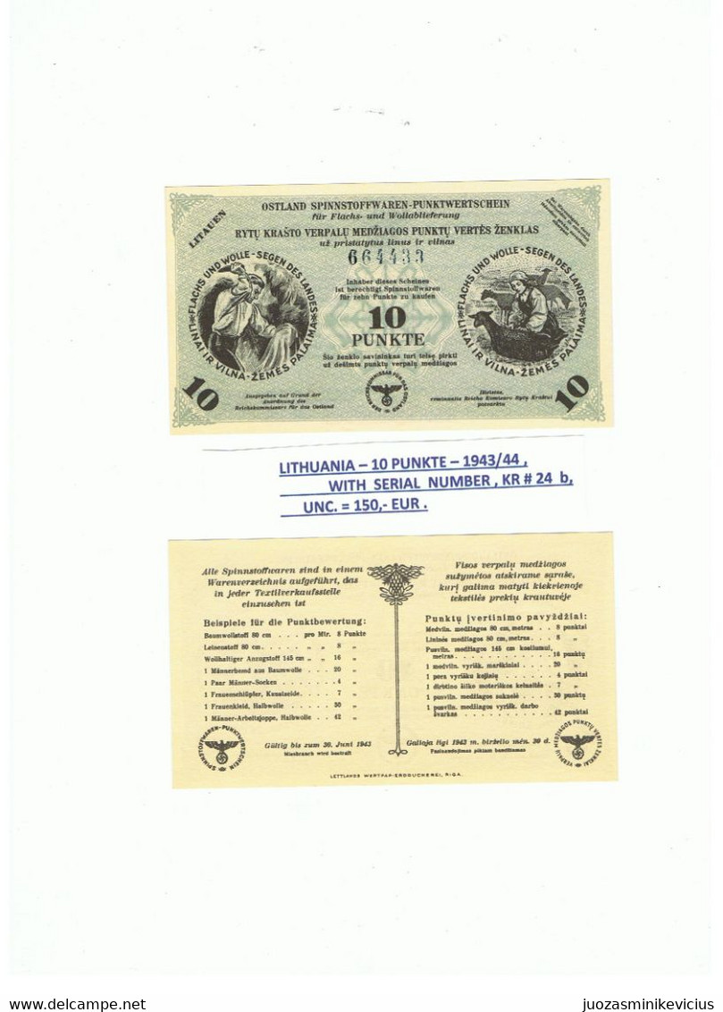 LITHUANIA -10  PUNKTE-1943/44 , WITH  SERIAL  NUMBER ,  KR # 24 B. - Lituania