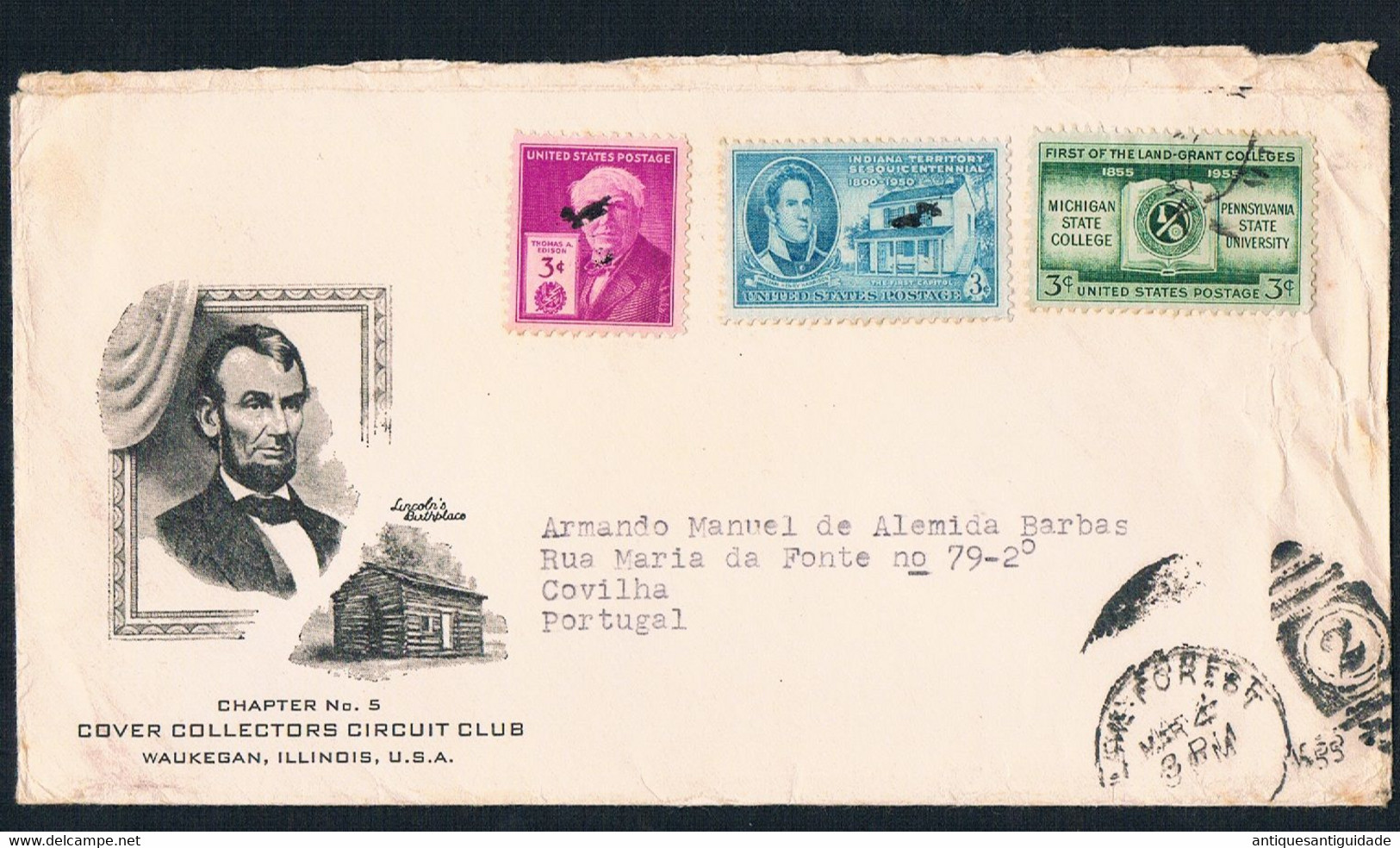 FDC - Covilha To Lake Forest, Illinois, USA. - Abraham Lincoln Birthplace - Chapter No.5 Cover Collectors Circuit Club - Autres & Non Classés