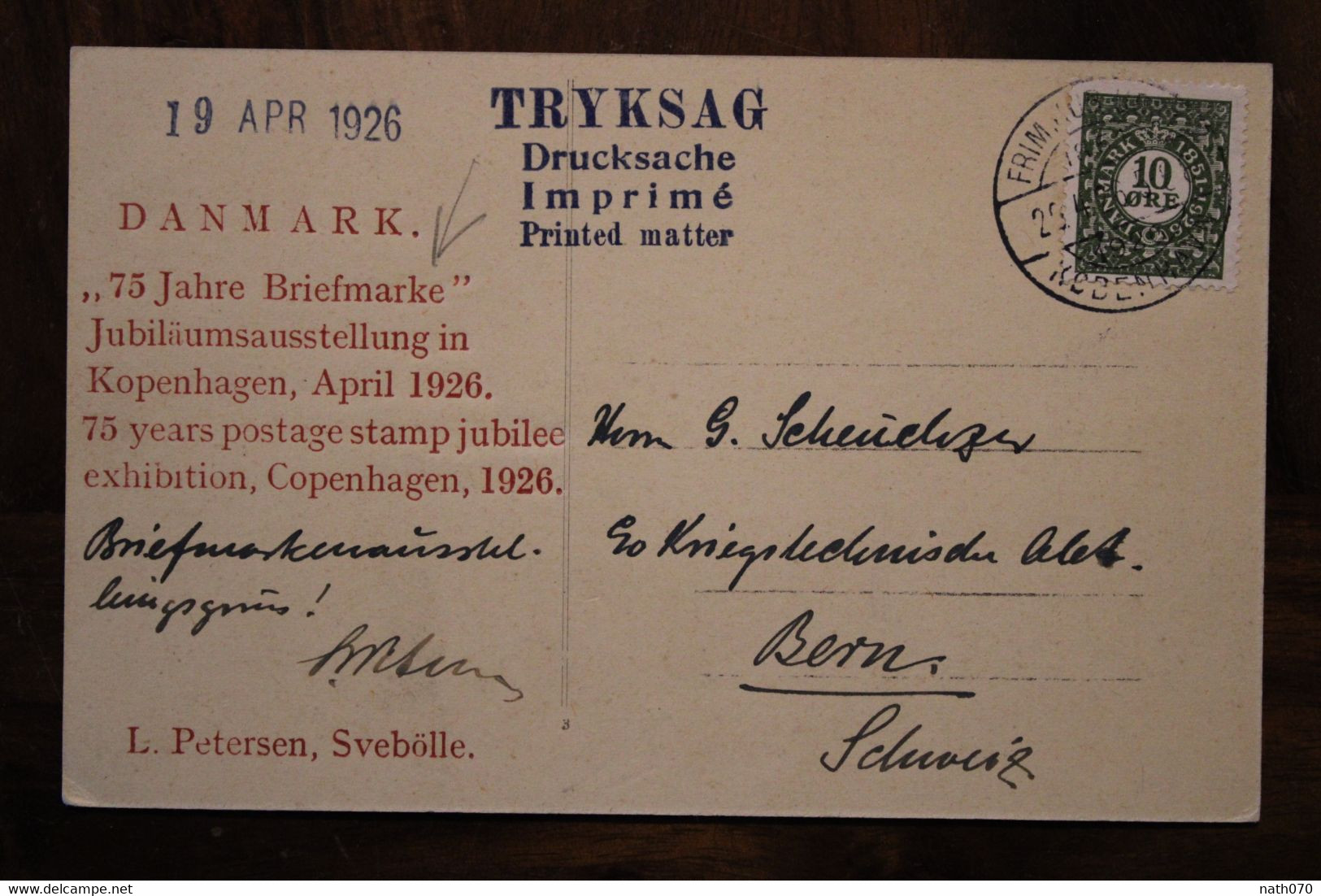 Danmark 1926 CPA AK 75 Jahre Briefmarke Svebølle Tryksag Cover Imprimé Bern Schweiz Switzerland Danemark Jubilee 10 øre - Storia Postale