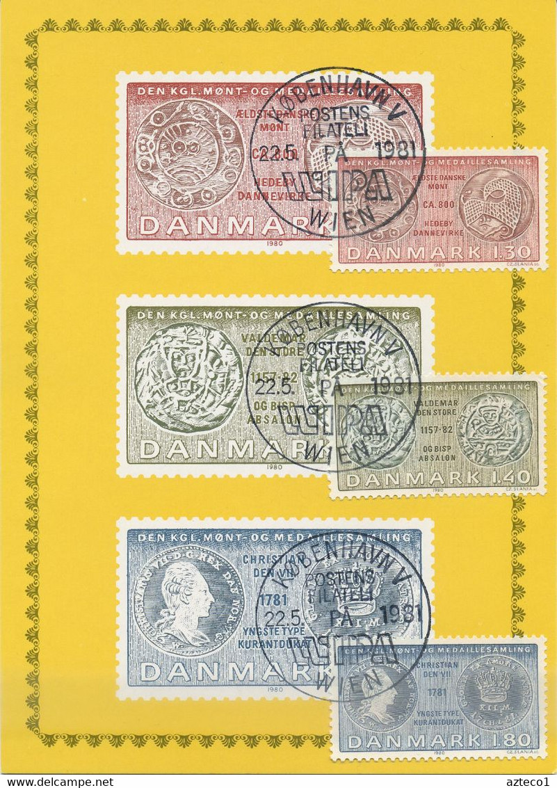 DANIMARCA  - MAXIMUM CARD  1981 - COINS ON STAMPS 1980 - SPECIAL CANCEL WIPA 1981 - Maximum Cards & Covers