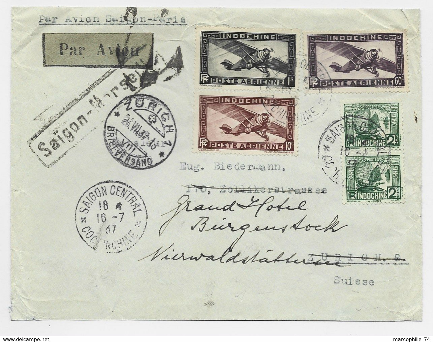 INDOCHINE PA 1$+10C+60C+ 2CX2 LETTRE COVER AVION SAIGON 16.7.1937 TO SUISSE PAR AVION SAIGON PARIS - Covers & Documents