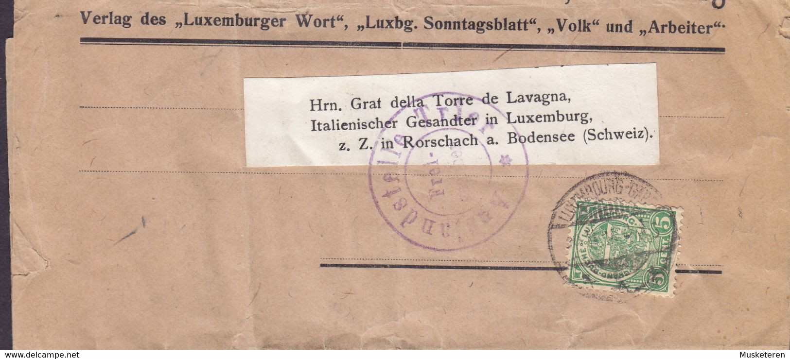Luxembourg DRUCKEREI ST. PAULUS Wrapper Streifband Bande Journal LUXEMBOURG-GARE 1915 RORSCHACH Suisse CENSOR - 1907-24 Ecusson