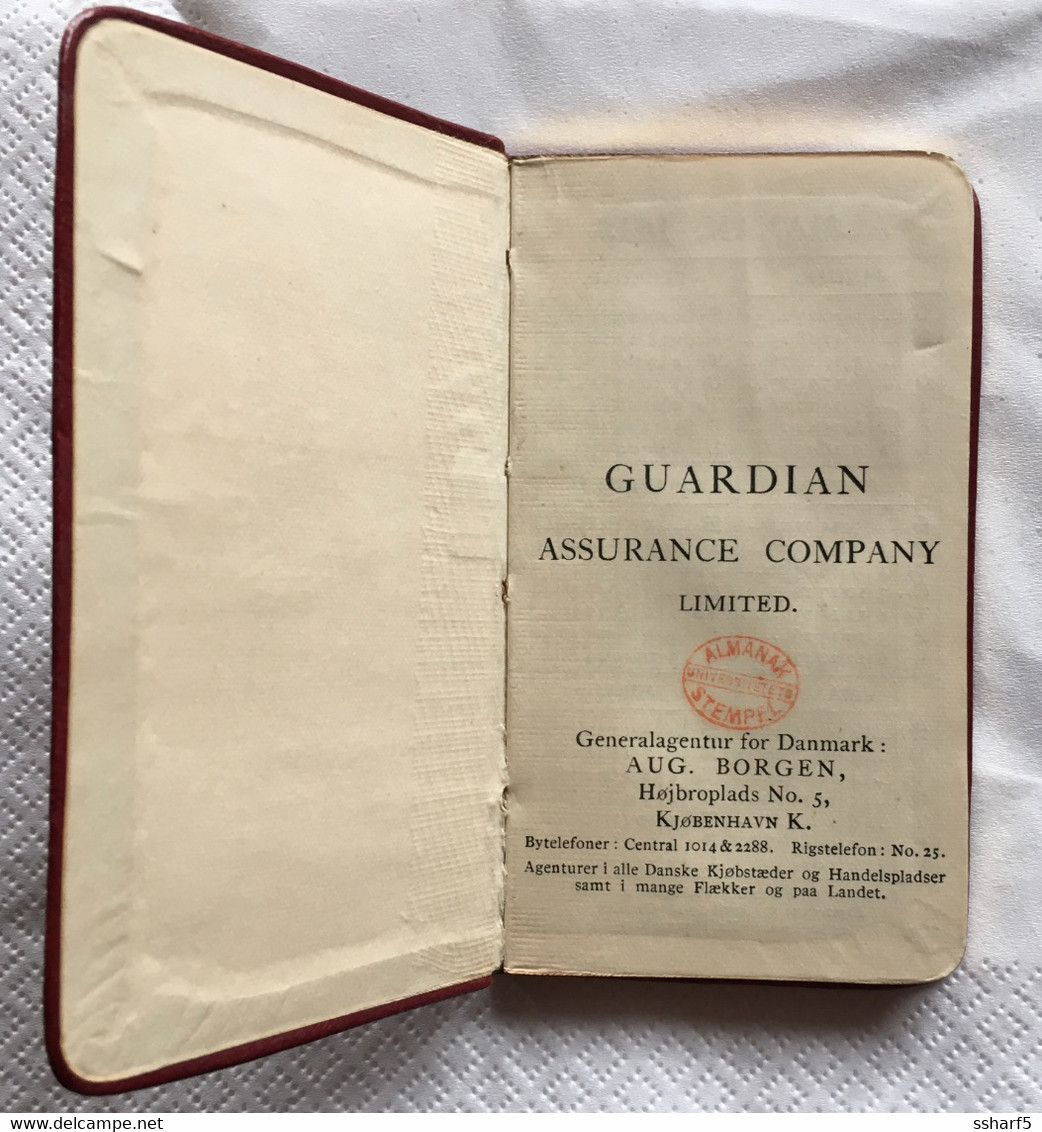 CALENDRIER ALMANAK ALMANACH Guardian Assurance Co. Danish Edition 1915 -- 7x11 Cm Pristine Condition - Small : 1901-20