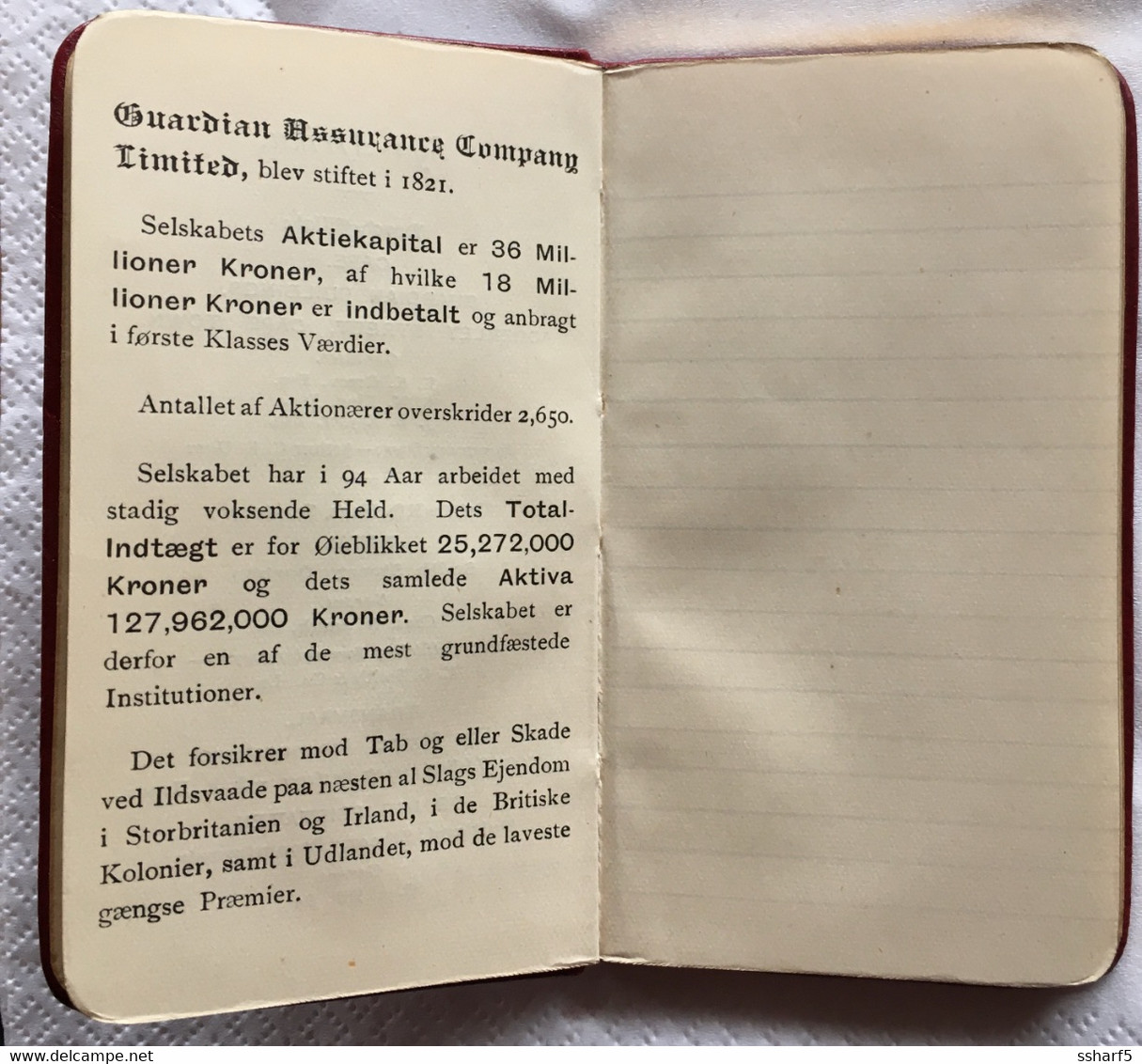 CALENDRIER ALMANAK ALMANACH Guardian Assurance Co. Danish Edition 1915 -- 7x11 cm Pristine condition