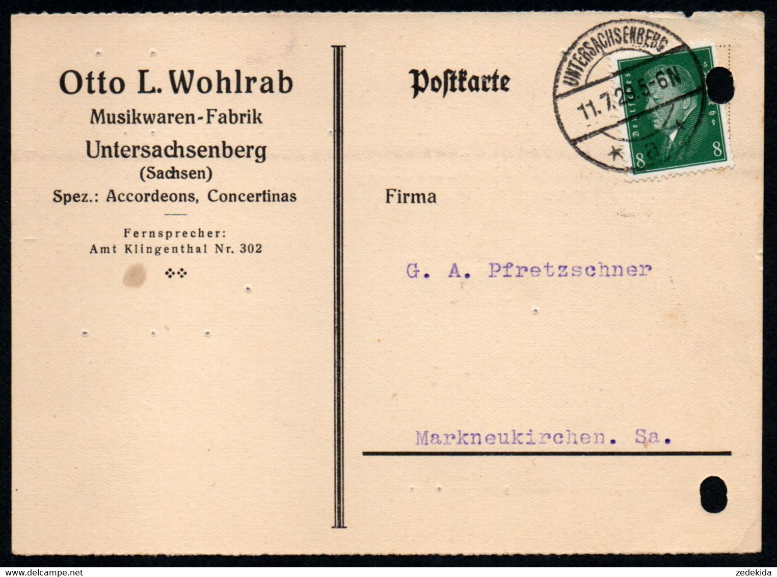 E9591 - Untersachsenberg Otto L. Wohlrab Akkordeon Concertina - Bedarfspost Nach Markneukirchen - Storia Postale