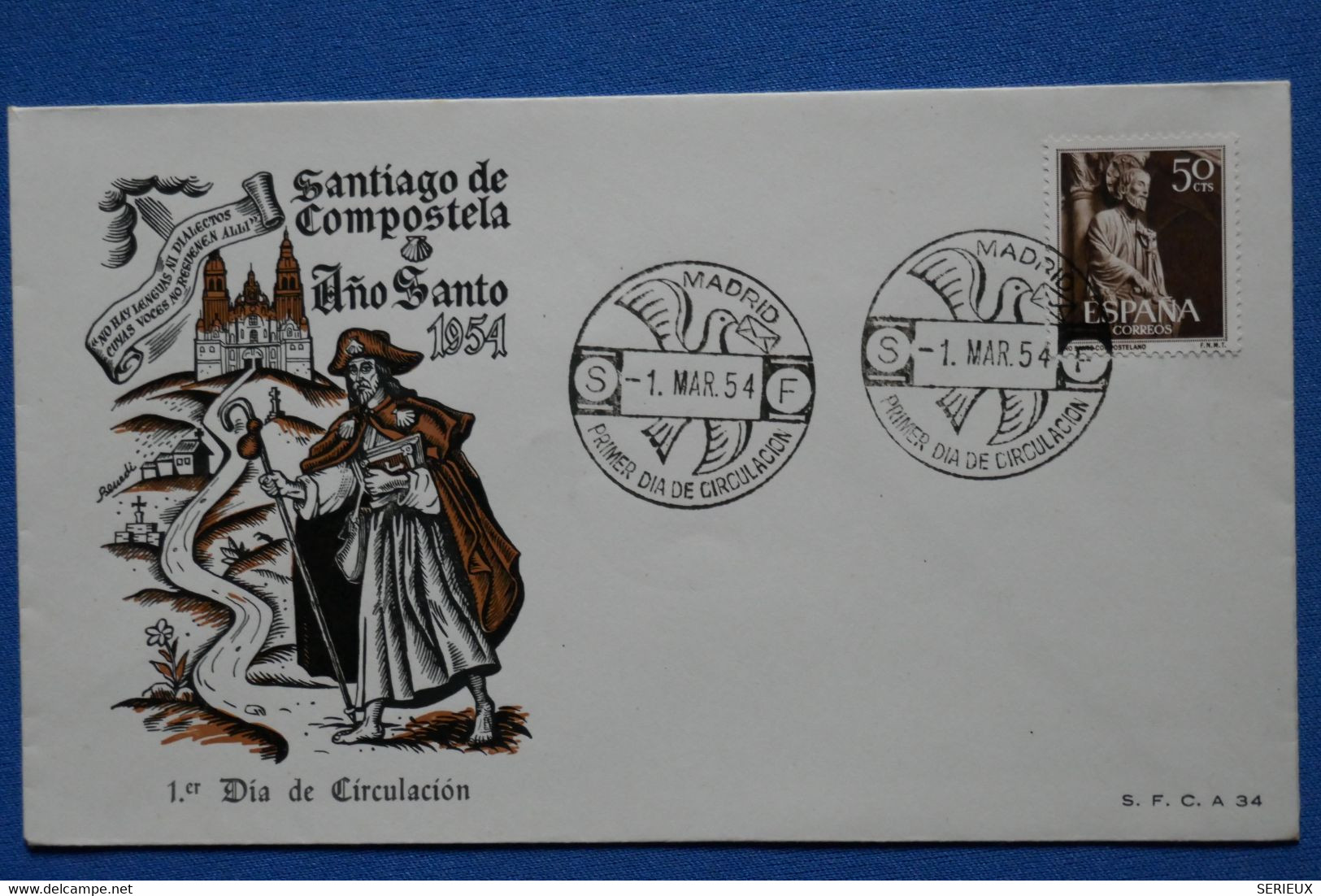 C ESPAGNE BELLE LETTRE 1954 MADRID PREMIER JOUR SANTIAGO DE COMPOSTELA + AFFRANCHISSEMENT PLAISANT - Briefe U. Dokumente