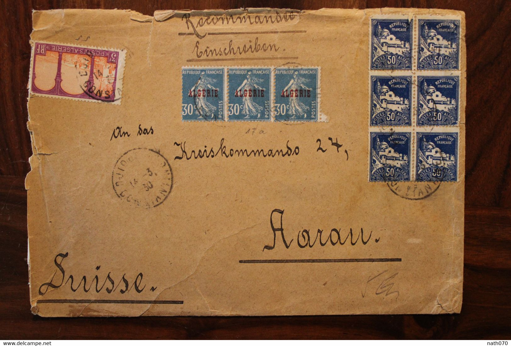 Algérie 1930 FRANCE Djidjelli Jijel Aarau Suisse Colonie Semeuse Bande Triple 25c Bloc 50 Recommandé Einschreiben Cover - Brieven En Documenten