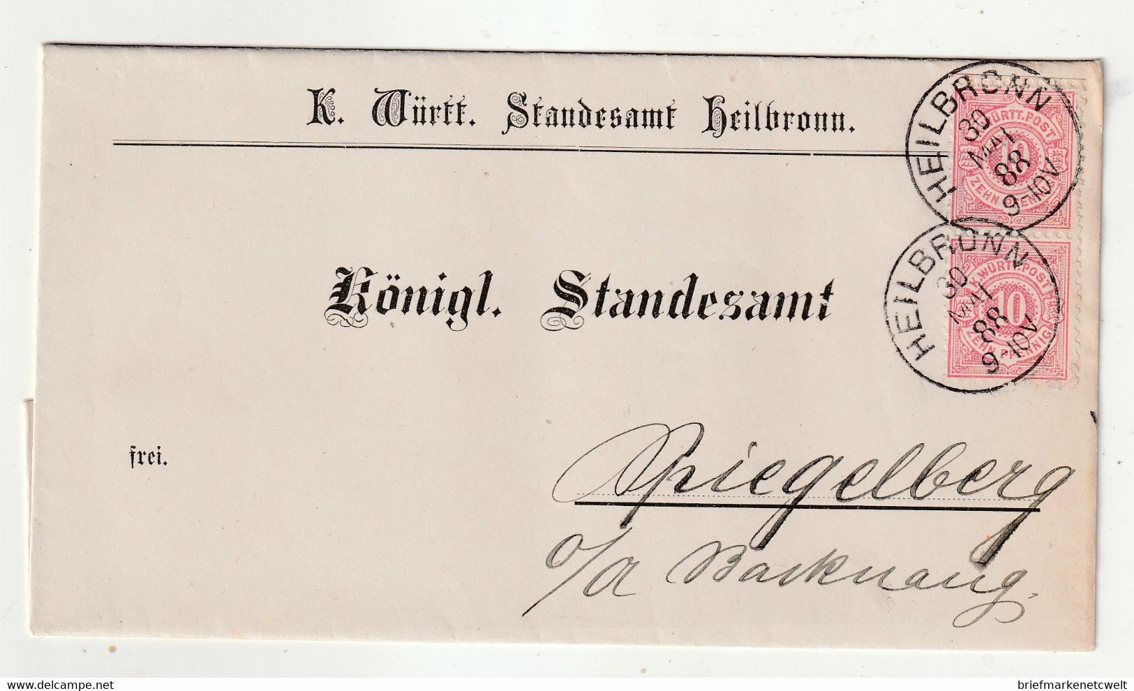 [1301] Wuerttemberg - 1888 - Mi. 46a MeF Auf Brief Ex HEILBRONN An Das Kgl.Standesamt In Riegelberg - Other & Unclassified