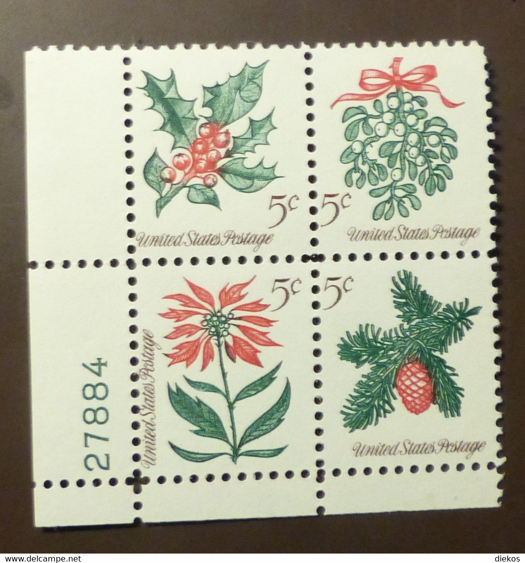 USA  1964 Mi 869-72 Block Of Four Christmas  Flowers  Plattennummer   MNH ** #5490-3 - Plattennummern