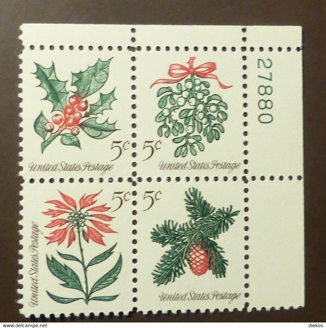 USA  1964 Mi 869-72 Block Of Four Christmas  Flowers  Plattennummer   MNH ** #5490-4 - Plate Blocks & Sheetlets