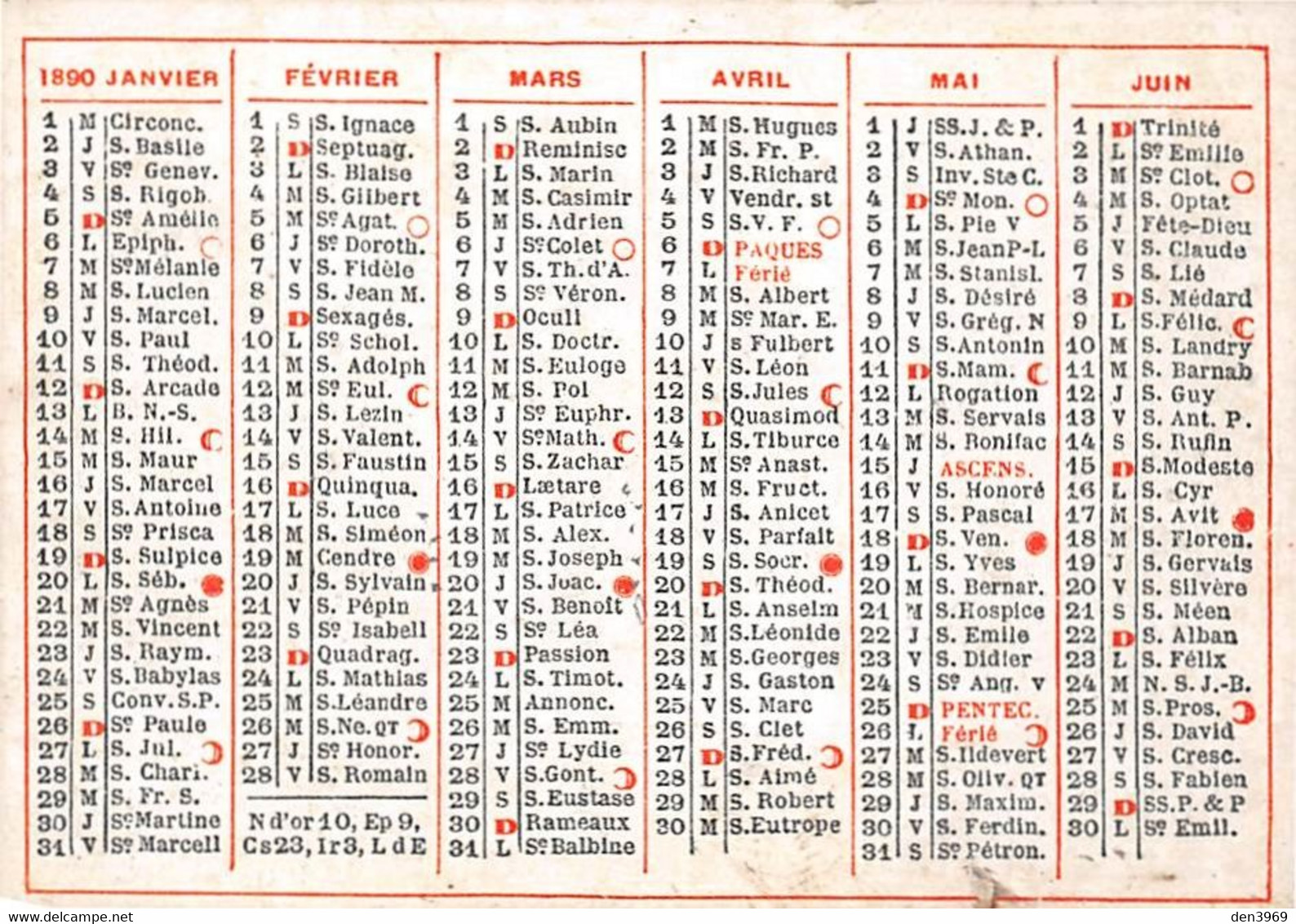 CALENDRIER 1890 - Tamaño Pequeño : ...-1900