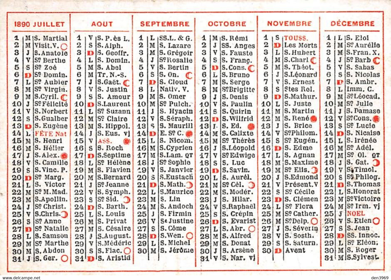 CALENDRIER 1890 - Tamaño Pequeño : ...-1900