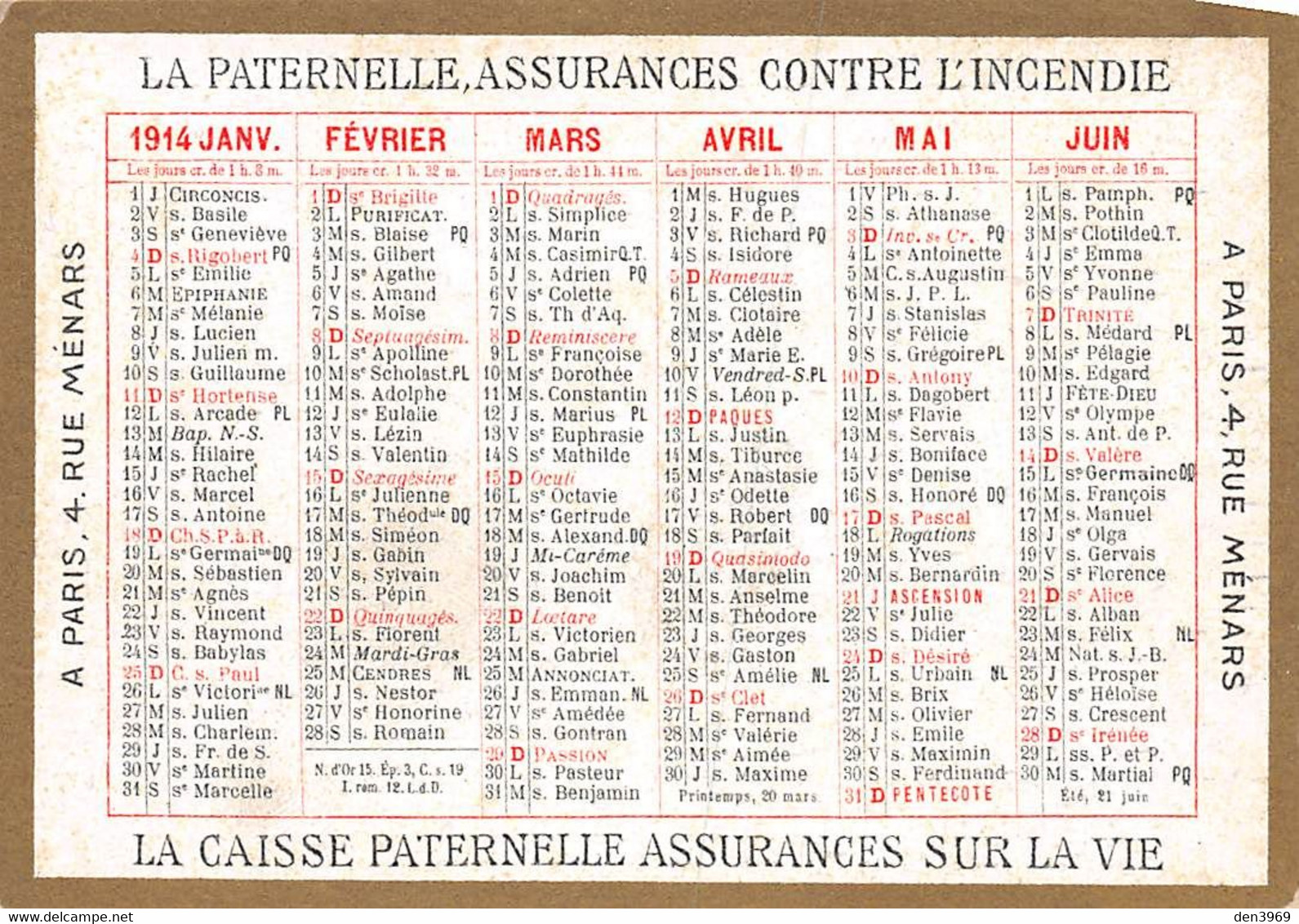 CALENDRIER 1914 - Publicité Assurances La Paternelle, 4 Rue Ménars, Paris - Small : 1901-20