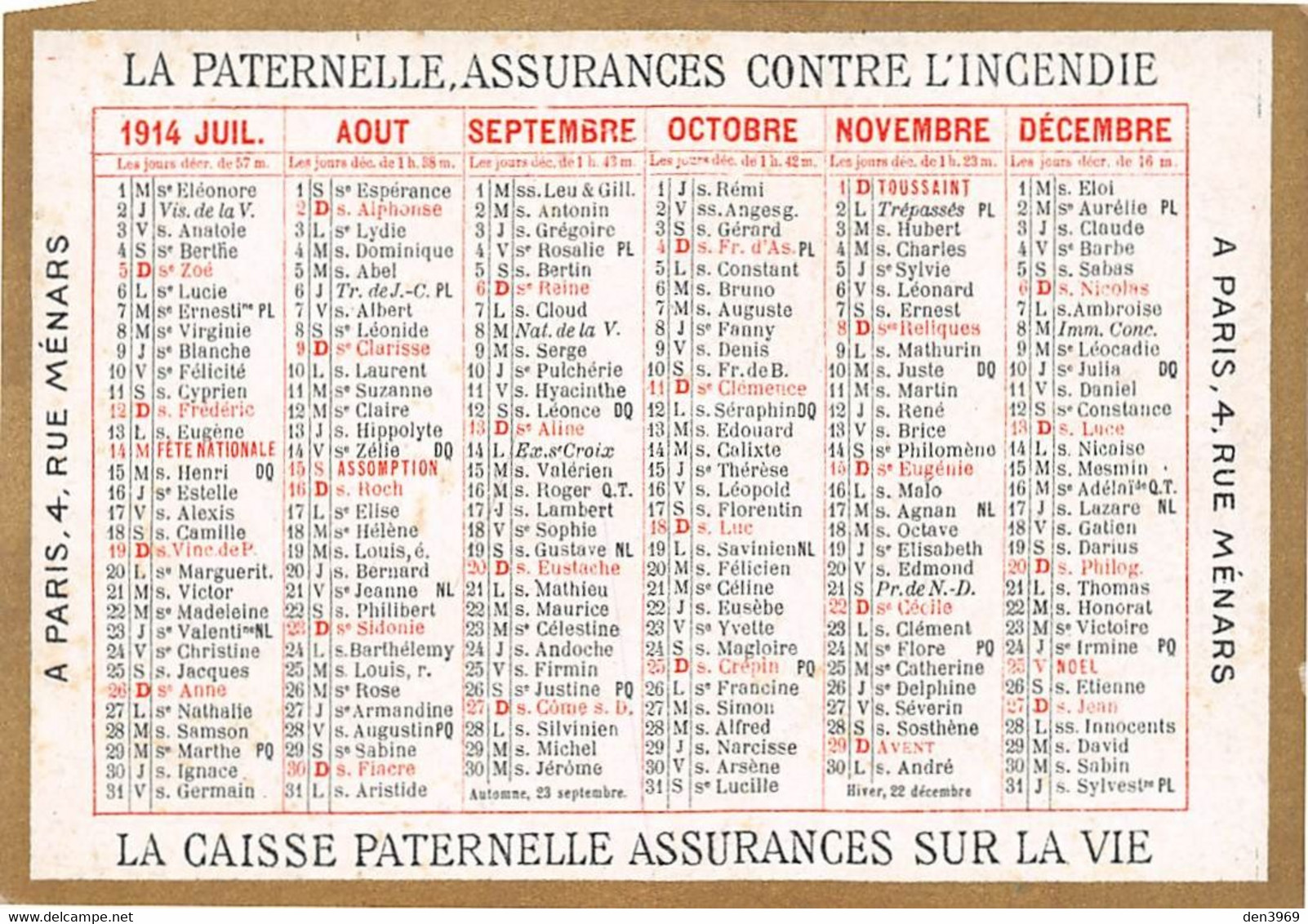 CALENDRIER 1914 - Publicité Assurances La Paternelle, 4 Rue Ménars, Paris - Petit Format : 1901-20