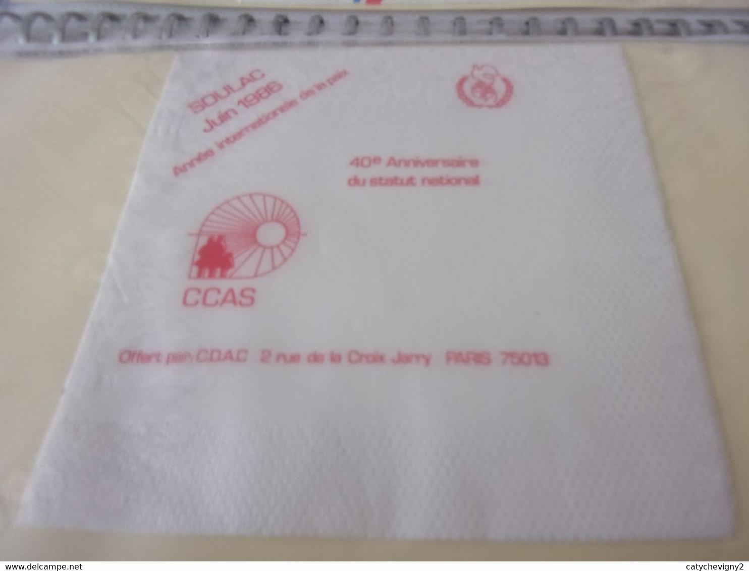 SERVIETTE PUBLICITAIRE SOULAC JUIN 1986 CCAS 40è ANNIVERSAIRE DU STATUT NATIONAL - Company Logo Napkins