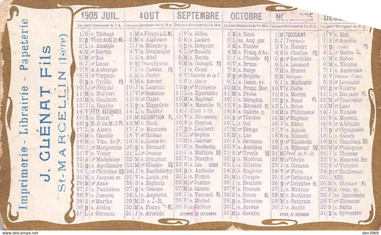 CALENDRIER 1905 - Publicité Librairie J. Glénat Fils, Saint-Marcellin - Kleinformat : 1901-20
