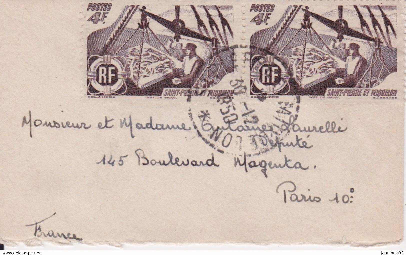 SAINT PIERRE ET MIQUELON - LETTRE FORMAT CARTE DE VISITE POUR PARIS 1950 - Storia Postale