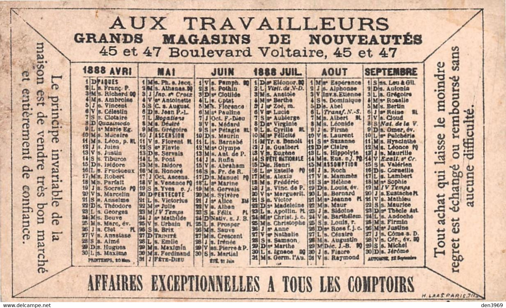 CALENDRIER 1888 - Chromo Grands Magasins Aux Travailleurs, Boulevard Voltaire, Paris - Tamaño Pequeño : ...-1900