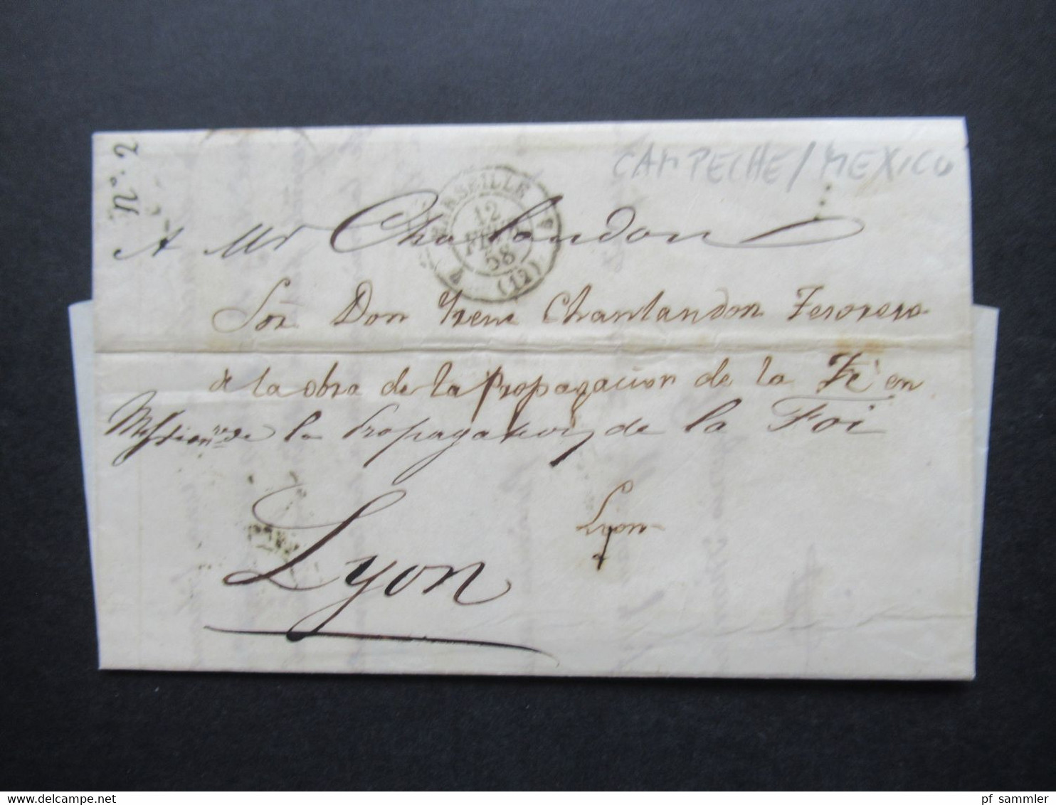 Forwarded Letter / Forwarder 1858 Campeche Mexico -Lyon Via Marseille Blauer Stp. Forwarded By Rabaud Brothers Marseille - Mexiko