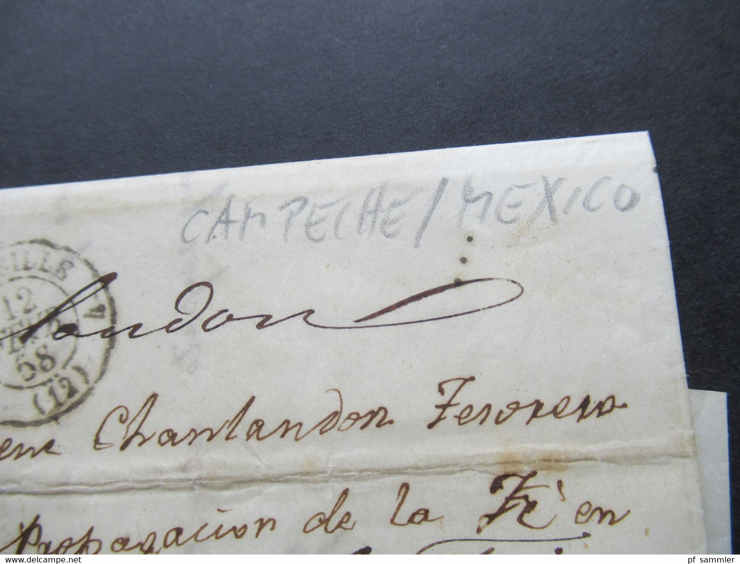 Forwarded Letter / Forwarder 1858 Campeche Mexico -Lyon Via Marseille Blauer Stp. Forwarded By Rabaud Brothers Marseille - Mexico