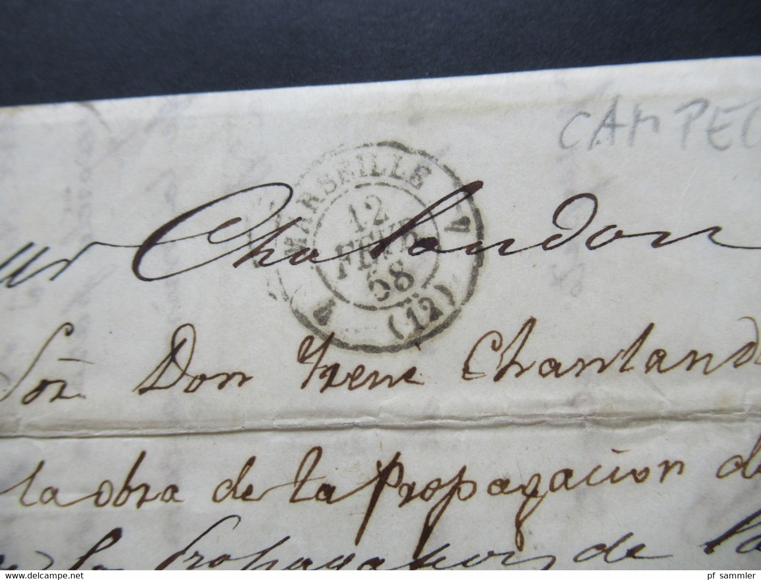 Forwarded Letter / Forwarder 1858 Campeche Mexico -Lyon Via Marseille Blauer Stp. Forwarded By Rabaud Brothers Marseille - Mexiko