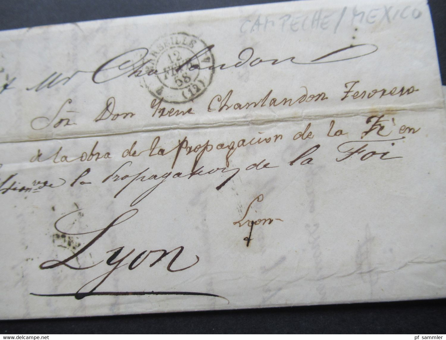 Forwarded Letter / Forwarder 1858 Campeche Mexico -Lyon Via Marseille Blauer Stp. Forwarded By Rabaud Brothers Marseille - Mexiko