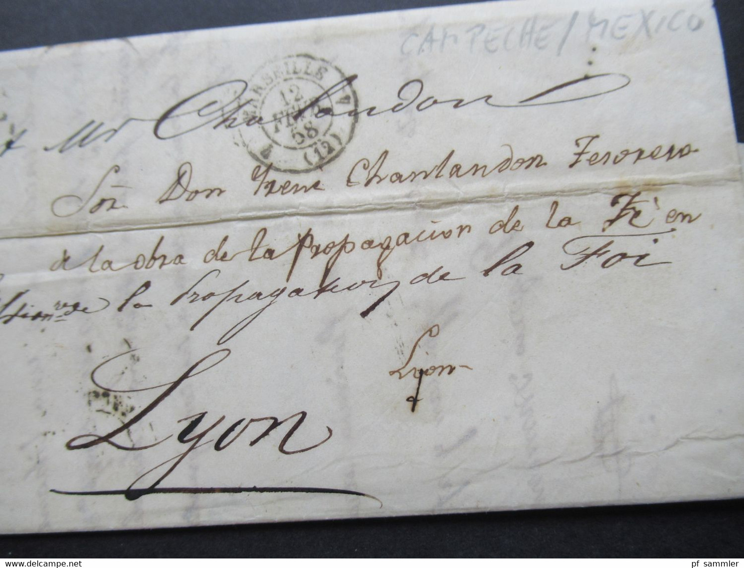 Forwarded Letter / Forwarder 1858 Campeche Mexico -Lyon Via Marseille Blauer Stp. Forwarded By Rabaud Brothers Marseille - Messico