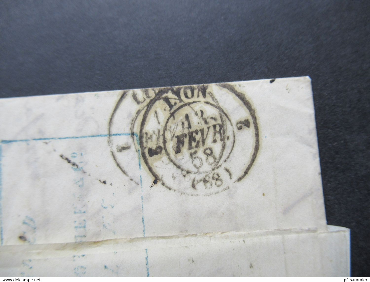 Forwarded letter / Forwarder 1858 Campeche Mexico -Lyon via Marseille Blauer Stp. Forwarded by Rabaud Brothers Marseille