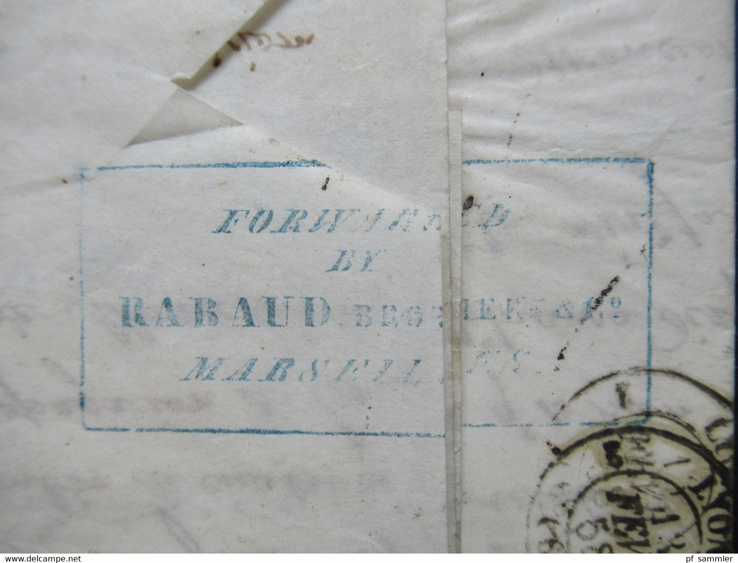 Forwarded letter / Forwarder 1858 Campeche Mexico -Lyon via Marseille Blauer Stp. Forwarded by Rabaud Brothers Marseille