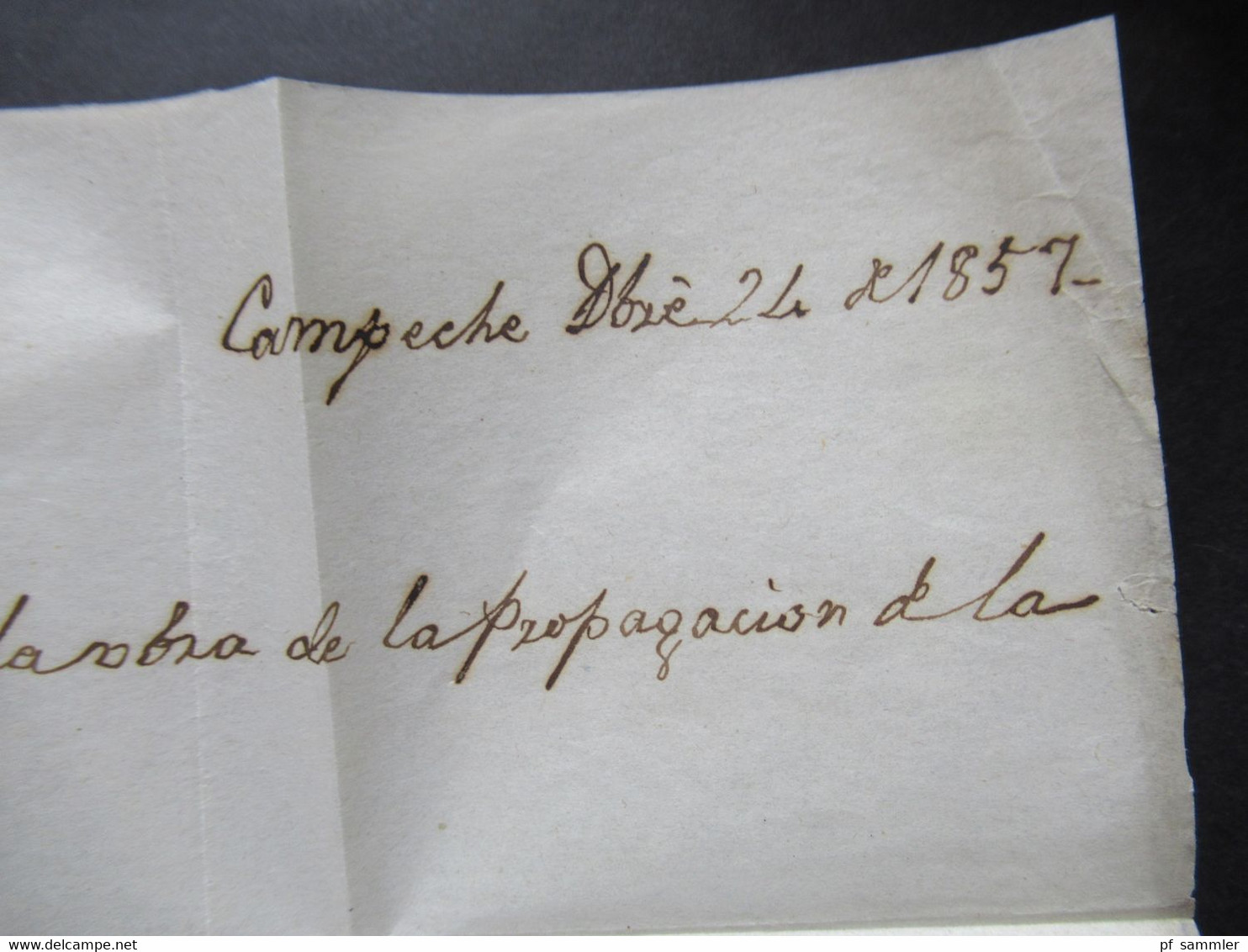 Forwarded letter / Forwarder 1858 Campeche Mexico -Lyon via Marseille Blauer Stp. Forwarded by Rabaud Brothers Marseille